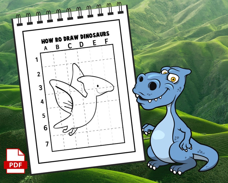 May include: A black and white line drawing of a dinosaur with wings on a grid. The grid is labelled with letters A through F and numbers 1 through 7. A blue cartoon dinosaur is looking at the drawing.
