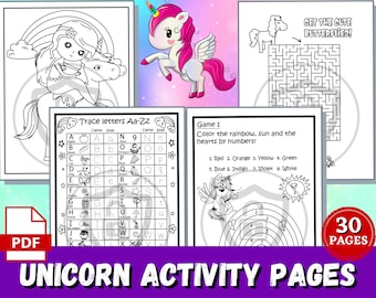 Cute Unicorn Activity Pages | 30 Printable Coloring Sheets for Girls and Boys | Unicorn Coloring Pages | Coloring Sheets | INSTANT DOWNLOAD