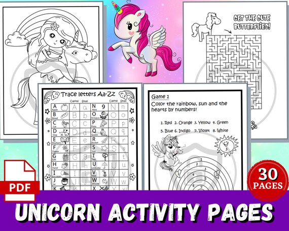 cute unicorn activity pages 30 printable coloring sheets for etsy