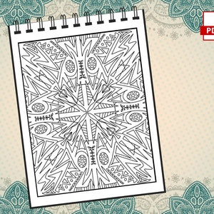 May include: Black and white coloring page featuring a geometric pattern with a mandala-like design. The pattern is made up of triangles, circles, and other shapes.