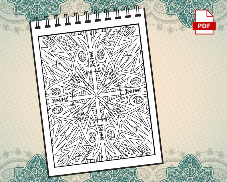 May include: Black and white coloring page featuring a geometric pattern with a mandala-like design. The pattern is made up of triangles, circles, and other shapes.