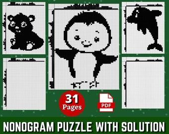 31 ノノグラム日本語パズル | 解答付きパズル | グリドラーズロジック印刷可能パズル | ノノグラムロジックパズル | 即時ダウンロード