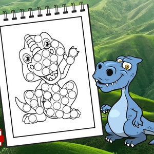 May include: A black and white printable colouring page of a dinosaur with a dotted pattern. The dinosaur is smiling and has a horn on its head. The page is on a white sheet of paper with a spiral binding.