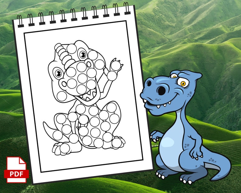May include: A black and white printable colouring page of a dinosaur with a dotted pattern. The dinosaur is smiling and has a horn on its head. The page is on a white sheet of paper with a spiral binding.