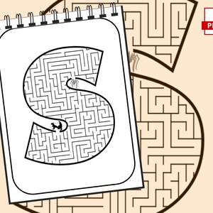 May include: A black and white maze in the shape of the letter S. A small spider is at the start of the maze and needs to find its way to the end.