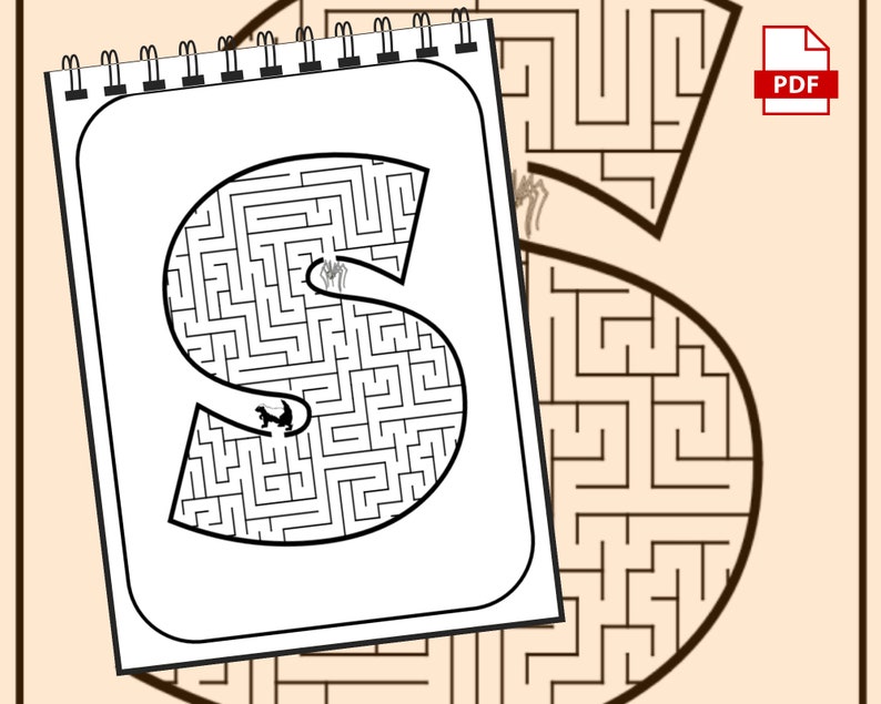 May include: A black and white maze in the shape of the letter S. A small spider is at the start of the maze and needs to find its way to the end.