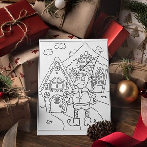 May include: A black and white coloring page featuring a gingerbread house and a gingerbread man. The gingerbread man is wearing a hat and holding a candy cane. The page is surrounded by wrapped gifts and Christmas decorations.
