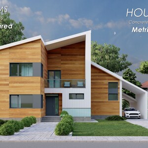 Architecture house plans, metric dimensions, 4 bedroom, 2 1/2 story, 280 sqm, skillion and lean to roof, bonus living space attic level
