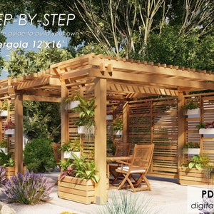 Pergola with privacy wall 12'x16' step-by-step woodworking assembly guide with imperial measurements, diy pdf digital file