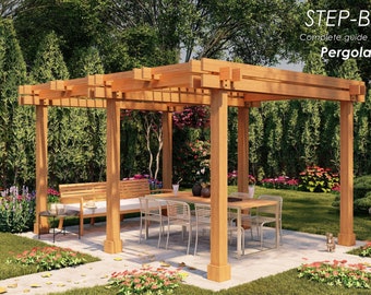 Garden pergola DIY plans 14'x10', step-by-step assembly guide, pdf digital file, imperial measurements