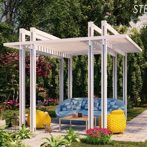 May include: A white wooden pergola with a slatted roof, measuring 12 feet 3 inches by 10 feet, in a backyard setting. The pergola is surrounded by lush greenery and flowers. The text "STEP-BY-STEP Complete guide to build your own Pergola 12'-3"x10'" is visible at the top of the image.