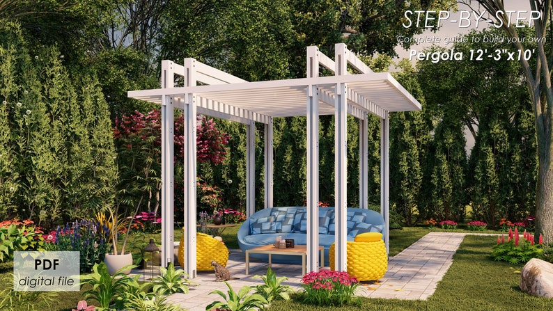 May include: A white wooden pergola with a slatted roof, measuring 12 feet 3 inches by 10 feet, in a backyard setting. The pergola is surrounded by lush greenery and flowers. The text "STEP-BY-STEP Complete guide to build your own Pergola 12'-3"x10'" is visible at the top of the image.