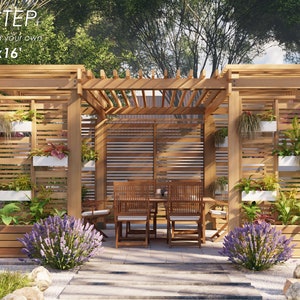 May include: A step-by-step guide to building a 12 foot by 16 foot wooden pergola. The pergola has a lattice roof and is surrounded by a wooden fence with planter boxes. The pergola is in a backyard setting with green grass and trees.