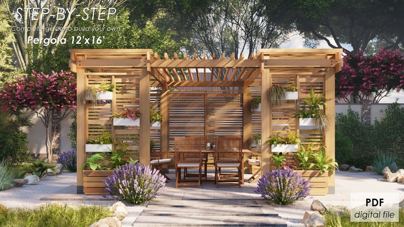May include: A step-by-step guide to building a 12 foot by 16 foot wooden pergola. The pergola has a lattice roof and is surrounded by a wooden fence with planter boxes. The pergola is in a backyard setting with green grass and trees.
