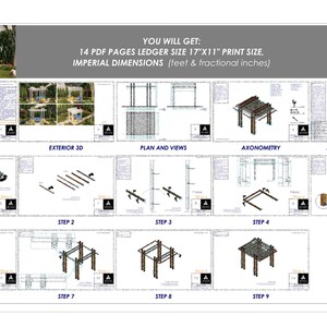 May include: A 14-page PDF digital download of construction plans for a pergola. The plans include a cover page, exterior 3D view, plan and views, axonometry, material and cut list, and 9 steps for building the pergola. The plans are designed for a 17" x 11" print size and use imperial measurements.