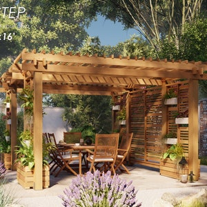 May include: A step-by-step guide to building a 12' x 16' wooden pergola. The pergola is made of natural wood and has a slatted roof. There are plants growing in pots around the pergola, and a table and chairs are set up underneath.