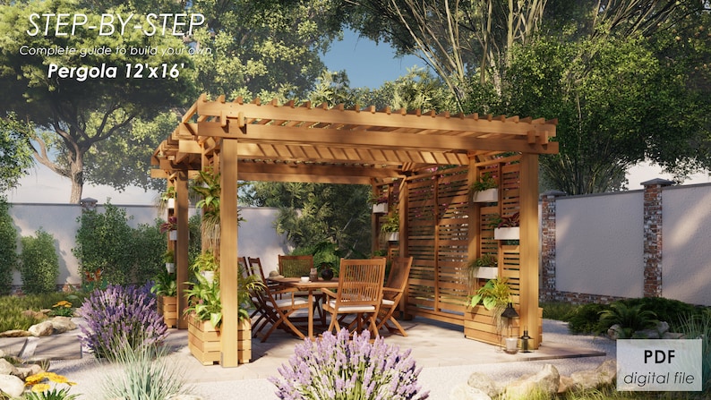May include: A step-by-step guide to building a 12' x 16' wooden pergola. The pergola is made of natural wood and has a slatted roof. There are plants growing in pots around the pergola, and a table and chairs are set up underneath.