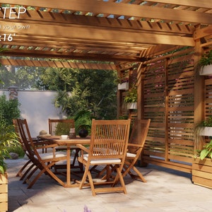 May include: A wooden pergola with a slatted roof and a wooden privacy screen. The pergola is 12 feet by 16 feet and has a table and chairs underneath. There are plants in pots on the screen and on the ground.