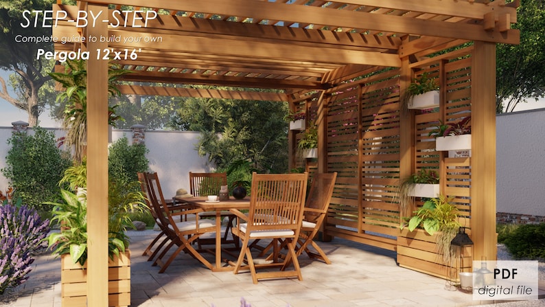 May include: A wooden pergola with a slatted roof and a wooden privacy screen. The pergola is 12 feet by 16 feet and has a table and chairs underneath. There are plants in pots on the screen and on the ground.