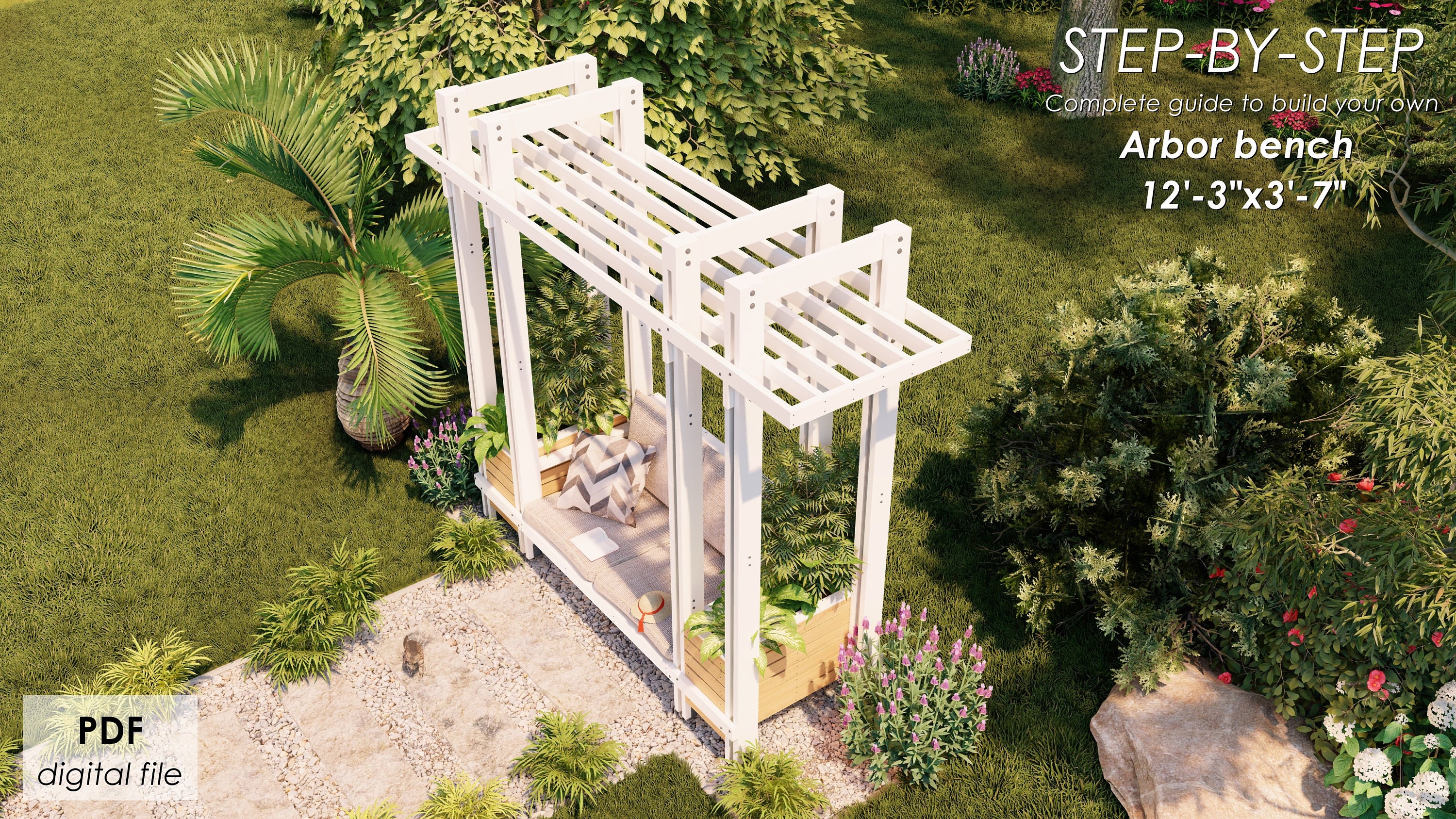 Garden Arbor Bench Plans With Planters: DIY Woodworking Guide (PDF ...