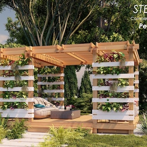 Verhoogde tuinpergola met plantenbakken 16'x12' stapsgewijze montagehandleiding voor houtbewerking, pdf digitaal bestand, imperiale maatplannen