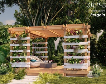 Raised deck garden pergola with planters 16'x12' step-by-step woodworking assembly guide, pdf digital file, imperial measurements plans