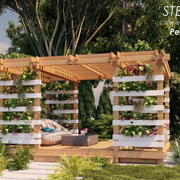 Pergola de jardin à terrasse surélevée avec jardinières 16'x12' guide d'assemblage de menuiserie étape par étape, fichier numérique pdf, plans de mesures impériales