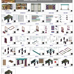 May include: A 31-page PDF digital download of construction plans for a pergola. The plans include a cover page, exterior 3D view, plan view, front view, side view, axonometry, material list, cut list, and 22 steps for building the pergola. The plans are designed for a 17" x 11" print size and use imperial measurements.