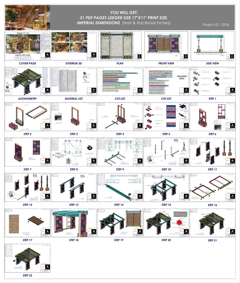 May include: A 31-page PDF digital download of construction plans for a pergola. The plans include a cover page, exterior 3D view, plan view, front view, side view, axonometry, material list, cut list, and 22 steps for building the pergola. The plans are designed for a 17" x 11" print size and use imperial measurements.