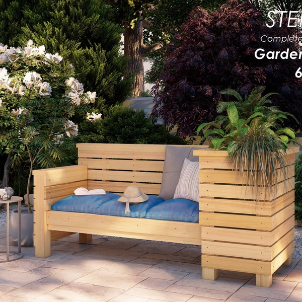 Garden bench with planter 6'-7" x 2'-7" DIY plans in imperial measurements, step-by-step guide