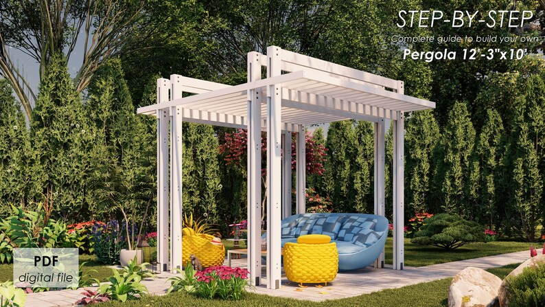 May include: A white wooden pergola with a slatted roof, measuring 12 feet 3 inches by 10 feet. The pergola is in a backyard setting with green trees and bushes. The pergola is furnished with a blue and white patterned sofa and two yellow chairs.