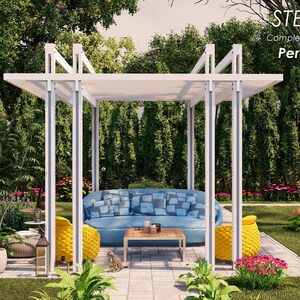 May include: A white pergola with a blue and white patterned sofa and two yellow chairs. The pergola is 12 feet wide and 10 feet deep. The pergola is in a backyard setting with green grass and trees.