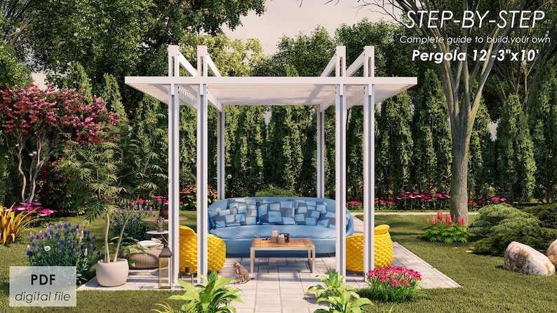 May include: A white pergola with a blue and white patterned sofa and two yellow chairs. The pergola is 12 feet wide and 10 feet deep. The pergola is in a backyard setting with green grass and trees.