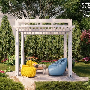 May include: A white wooden pergola with a slatted roof, measuring 12 feet 3 inches by 10 feet, in a backyard setting. The pergola is surrounded by green trees and bushes, and there are two chairs and a couch underneath it.