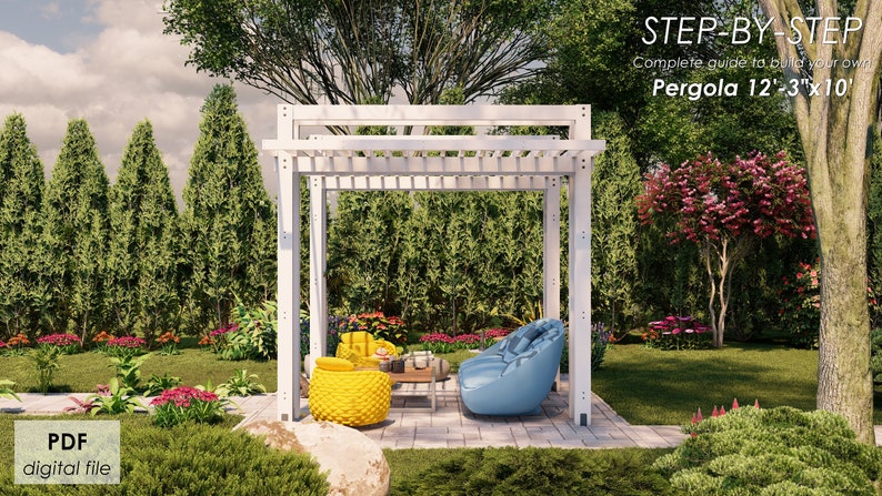 May include: A white wooden pergola with a slatted roof, measuring 12 feet 3 inches by 10 feet, in a backyard setting. The pergola is surrounded by green trees and bushes, and there are two chairs and a couch underneath it.