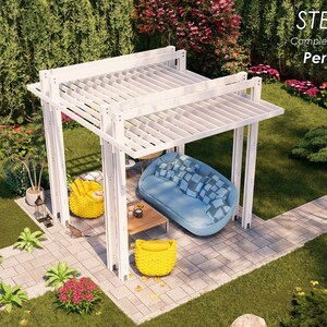 May include: A white pergola with a wooden slat roof, measuring 12 feet 3 inches by 10 feet, is shown in a backyard setting. The pergola is surrounded by green grass and landscaping, including a small tree and bushes. The pergola is furnished with a blue couch and two yellow chairs.