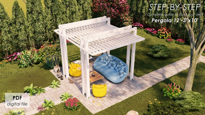 May include: A white pergola with a wooden slat roof, measuring 12 feet 3 inches by 10 feet, is shown in a backyard setting. The pergola is surrounded by green grass and landscaping, including a small tree and bushes. The pergola is furnished with a blue couch and two yellow chairs.