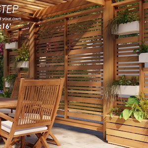 May include: A step-by-step guide to building a 12 foot by 16 foot pergola. The image shows a wooden pergola with a slatted wooden wall and a table and chairs underneath. There are several potted plants hanging on the wall.