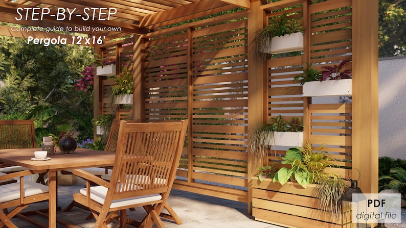 May include: A step-by-step guide to building a 12 foot by 16 foot pergola. The image shows a wooden pergola with a slatted wooden wall and a table and chairs underneath. There are several potted plants hanging on the wall.