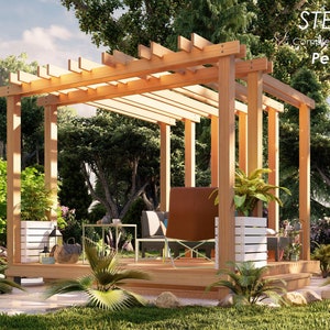 Raised deck modern pergola with planters 12'x12' DIY plans with imperial measurements, step-by-step guide