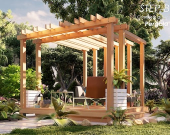 Raised deck modern pergola with planters 12'x12' DIY plans with imperial measurements, step-by-step guide