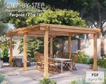 Pergola 12'x16' DIY plans, a step-by-step guide in pdf format with imperial measurements