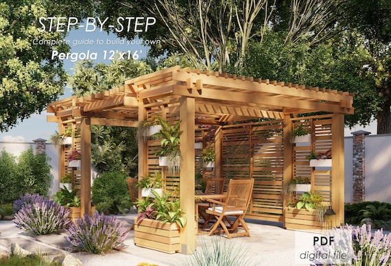 12'x16' Pergola with Privacy Wall: DIY Woodworking Plans (PDF) with imperial measurements