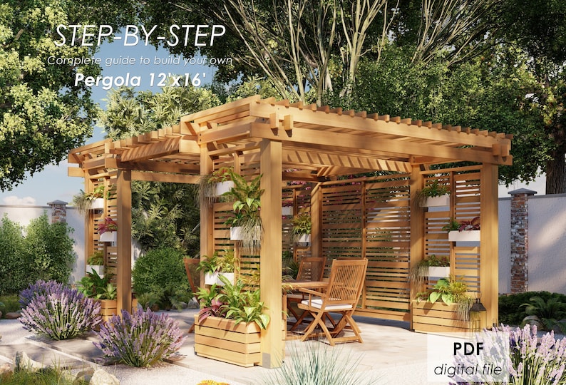 May include: A step-by-step guide to building a 12 foot by 16 foot wooden pergola. The pergola is made of natural wood and has a slatted roof. The pergola is surrounded by lush greenery and flowers.