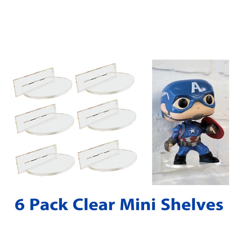 May include: Six clear plastic mini shelves for displaying small figurines or collectibles. The shelves are round and have a small lip to prevent items from falling off. The shelves are shown mounted on a white brick wall.