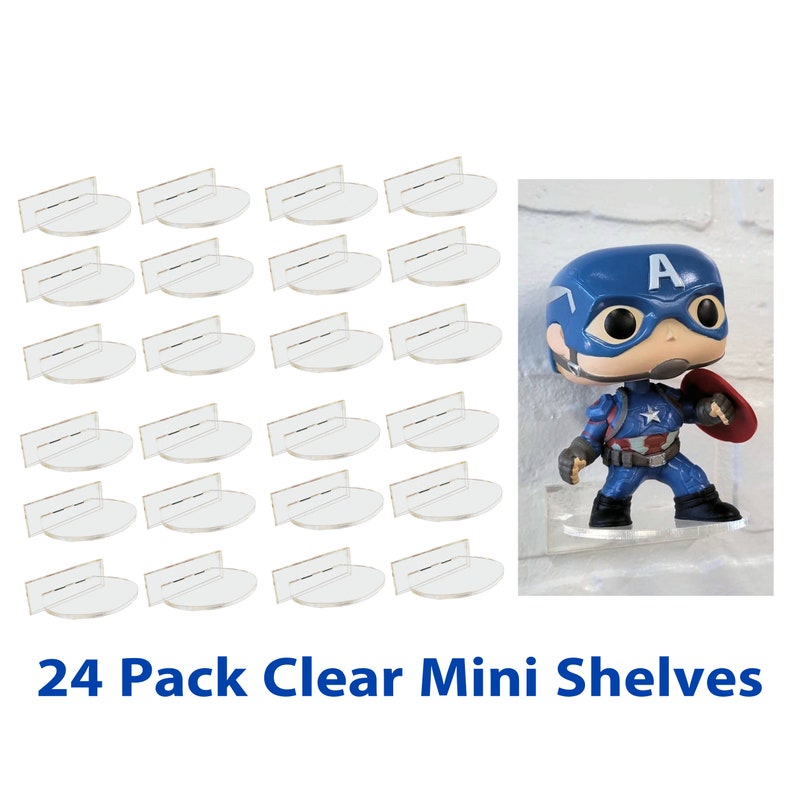 Op de afbeelding: 24-pack transparante mini-planken van plastic voor het tentoonstellen van kleine beeldjes of verzamelobjecten. De planken zijn ontworpen om aan de muur te worden gemonteerd. De afbeelding toont een Captain America Funko Pop-figuur dat op een van de planken wordt tentoongesteld.