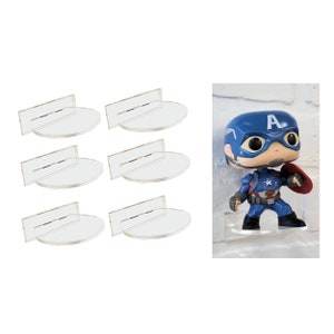 May include: Six clear acrylic wall shelves for displaying figurines. The shelves are round and have a lip to prevent items from falling off. A Captain America Funko Pop figurine is displayed on one of the shelves.