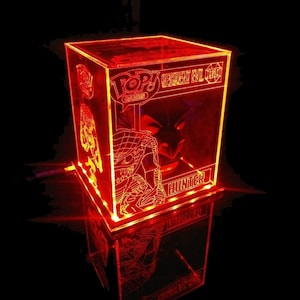 Puede incluir: Una vitrina de acrílico roja con una luz en el interior, mostrando una figura Pop! Games Resident Evil 4 Hunter. La vitrina tiene un frente y lados transparentes, y la figura es visible en el interior. La vitrina está iluminada desde el interior, creando un brillo rojo. La vitrina tiene las palabras "Pop! Games" y "Resident Evil 4" impresas en el frente, junto con el nombre de la figura, "Hunter".
