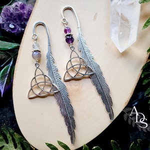 Large triquetra feather bookmark customizable charmed bookmark metal bookmark amethyst bookmark