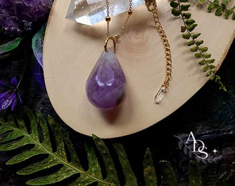 Collier Pendentif En Améthyste Lavande Goutte 60mm - Fait Main, Neuf, Pierre Naturelle